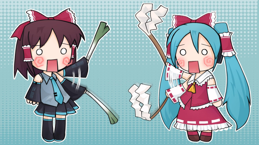 2girls, aqua_hair, aqua_necktie, ascot, bare_shoulders, black_skirt, blue_background, bow
