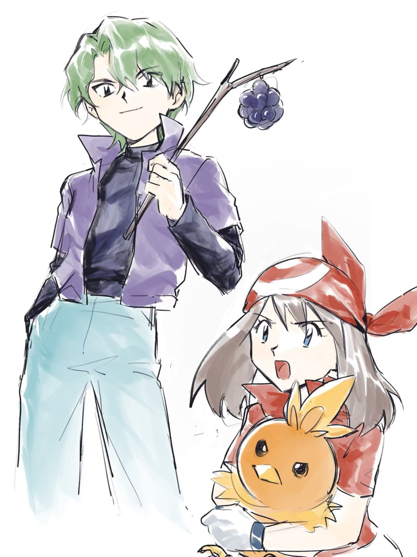 1boy, 1girl, :o, aihara-rina, bandana, berry_(pokemon), black_shirt, blue_eyes