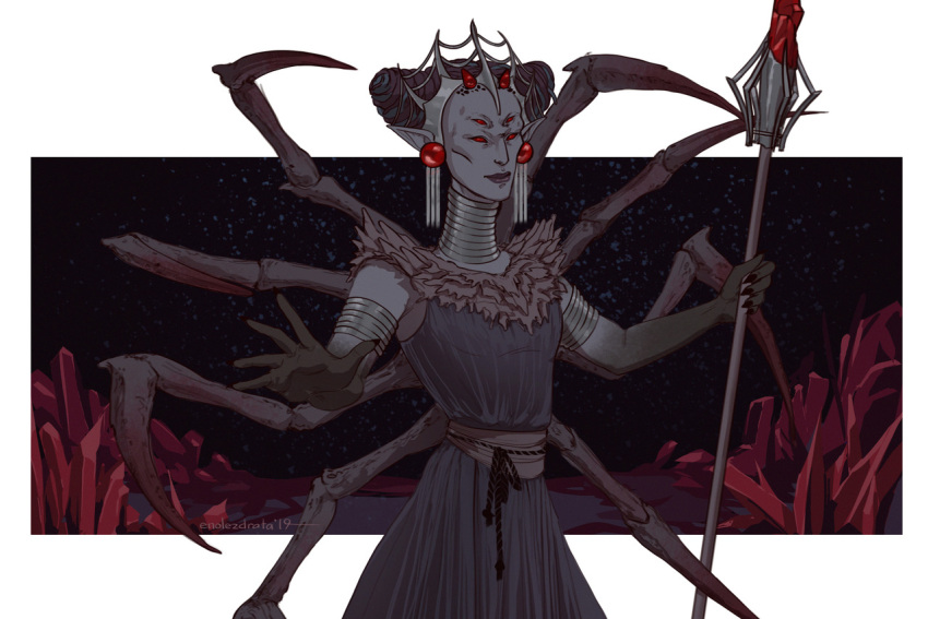 1girl, arthropod_girl, arthropod_limbs, artist_name, black_dress, black_hair, colored_skin, commentary