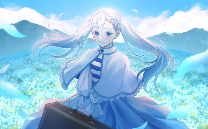 1girl, absurdres, blue_eyes, blue_sky, blush, capelet, closed_mouth, clouds