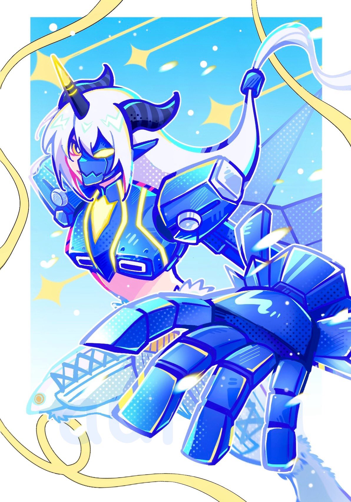 1boy, aegiochusmon_blue, animal_legs, armor, aurola030, blue_armor, blue_fur, blue_mask