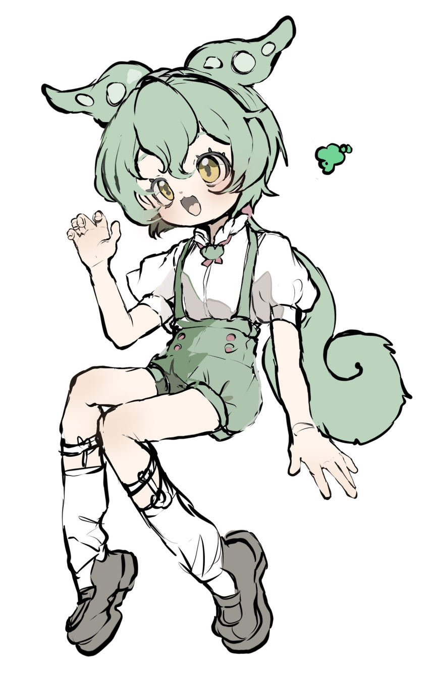 1girl, :3, bad_id, bad_twitter_id, collared_shirt, full_body, green_hair, green_shorts