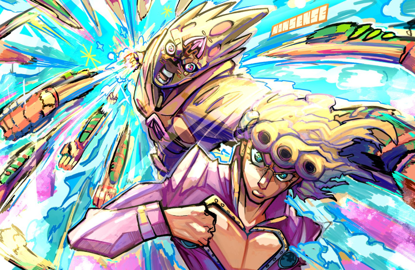 1boy, 1other, blonde_hair, blue_eyes, bracelet, braid, cleavage_cutout, clenched_hand
