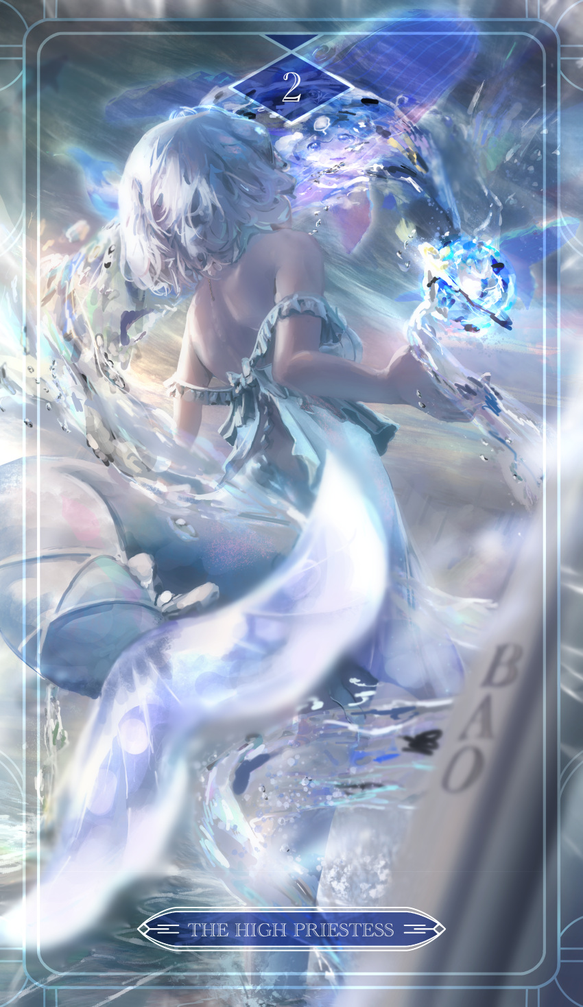 1girl, absurdres, back, bao_the_whale, bare_shoulders, blue_hair, cetacean_tail, chain, fins, fish_tail, from_behind, gold_chain, highres, lace, medium_hair, ocean, original, reflection, ribbon, solo, swimsuit, tagme, tail, tarot, the_high_priestess_(tarot), virtual_youtuber, water, whale, windsketchy
