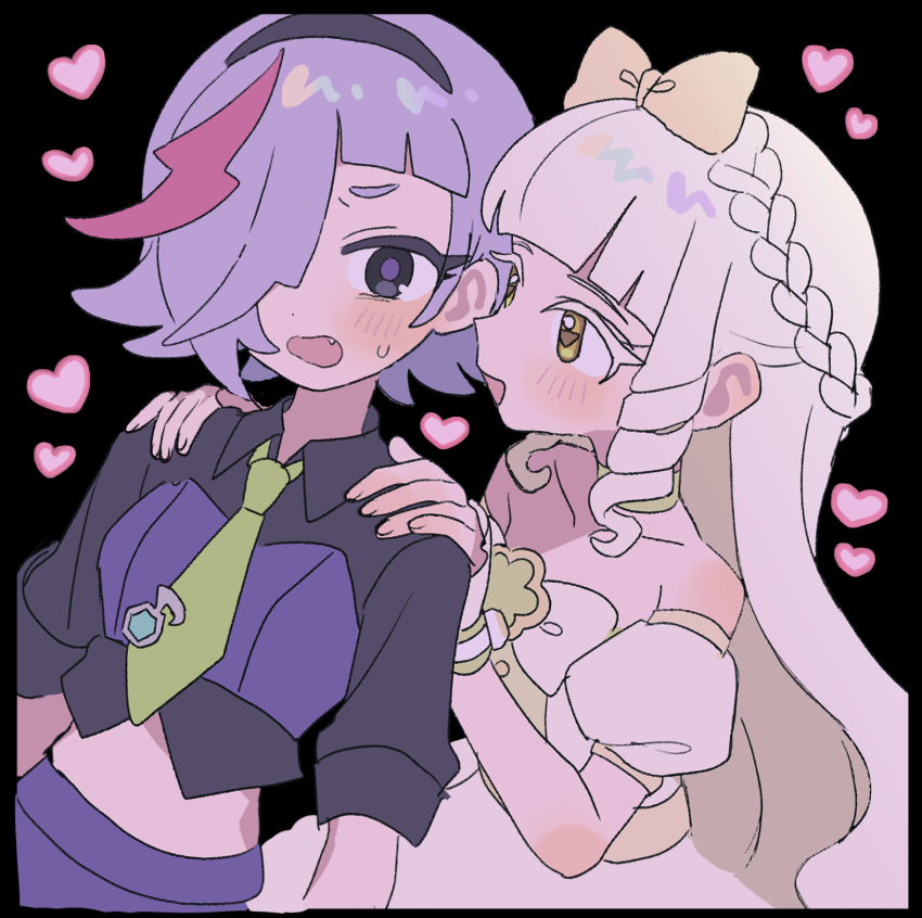 2girls, :d, black_background, black_hairband, black_shirt, blonde_hair, blunt_bangs, blush