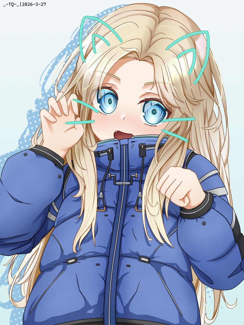 1girl, absurdres, artist_name, blonde_hair, blue_background, blue_coat, blue_eyes, coat