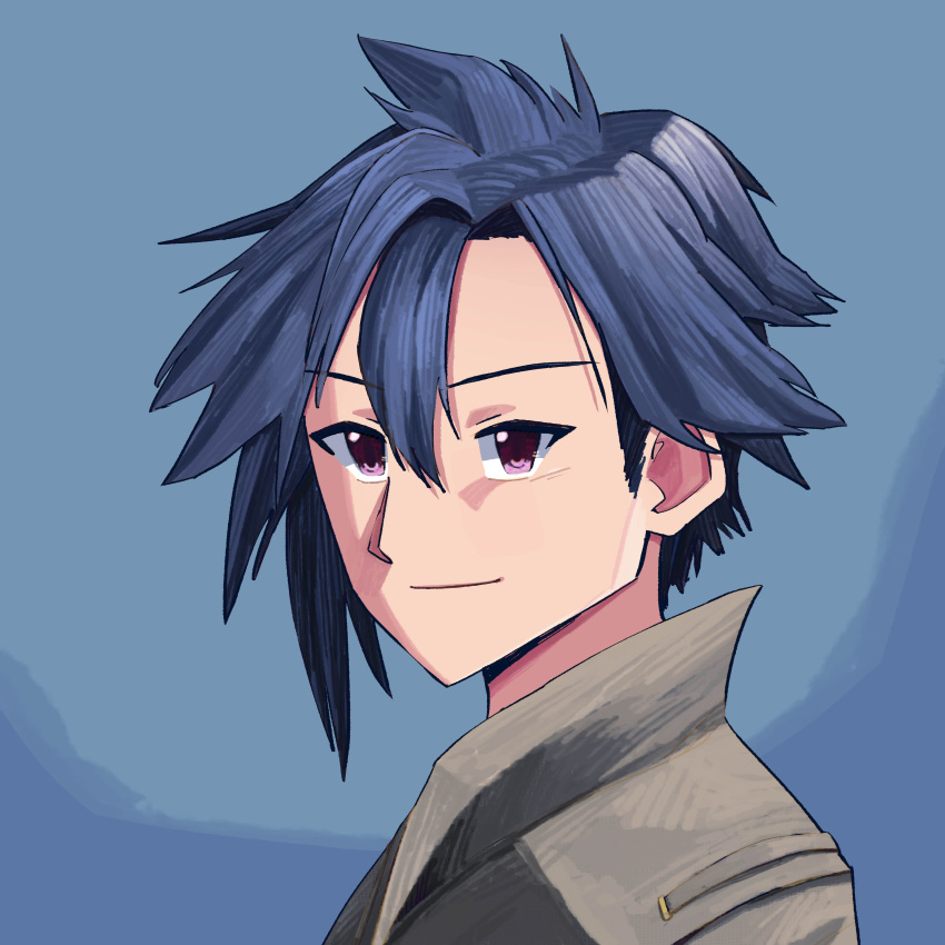 1boy, absurdres, black_hair, blue_background, closed_mouth, curtained_hair, double-parted_bangs, eiyuu_densetsu