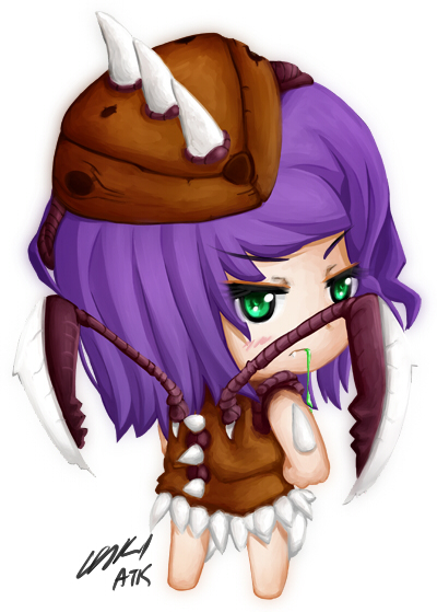 chibi, drooling, green_eyes, purple_hair, signature, simple_background, solo, starcraft, zerg_(starcraft), zerg_roach