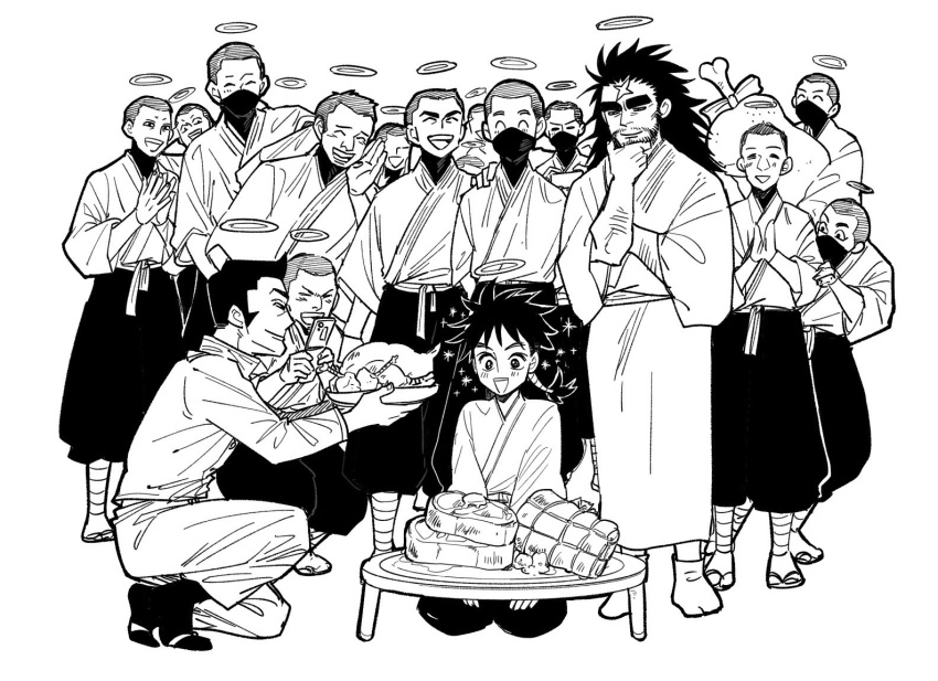 6+boys, beard, black_hair, closed_eyes, closed_mouth, commentary_request, facial_hair, food