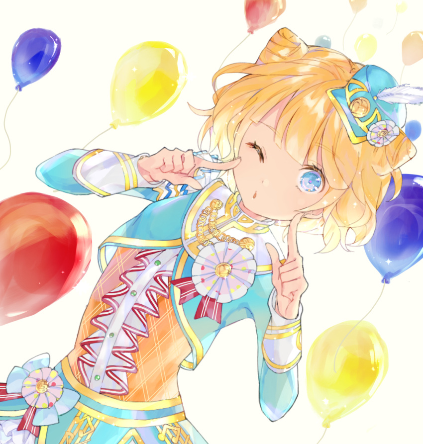 1girl, balloon, blonde_hair, blue_eyes, blue_halo, blue_jacket, blue_skirt, blunt_bangs