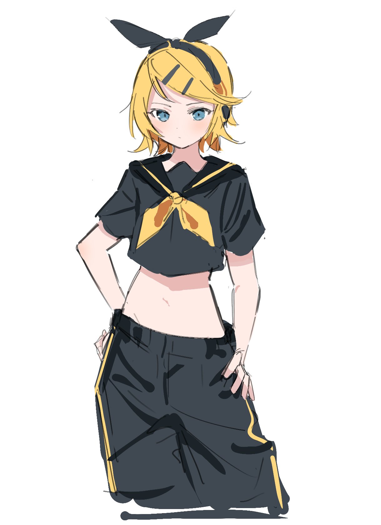 1girl, black_bow, black_pants, black_sailor_collar, black_shirt, blonde_hair, bow, expressionless