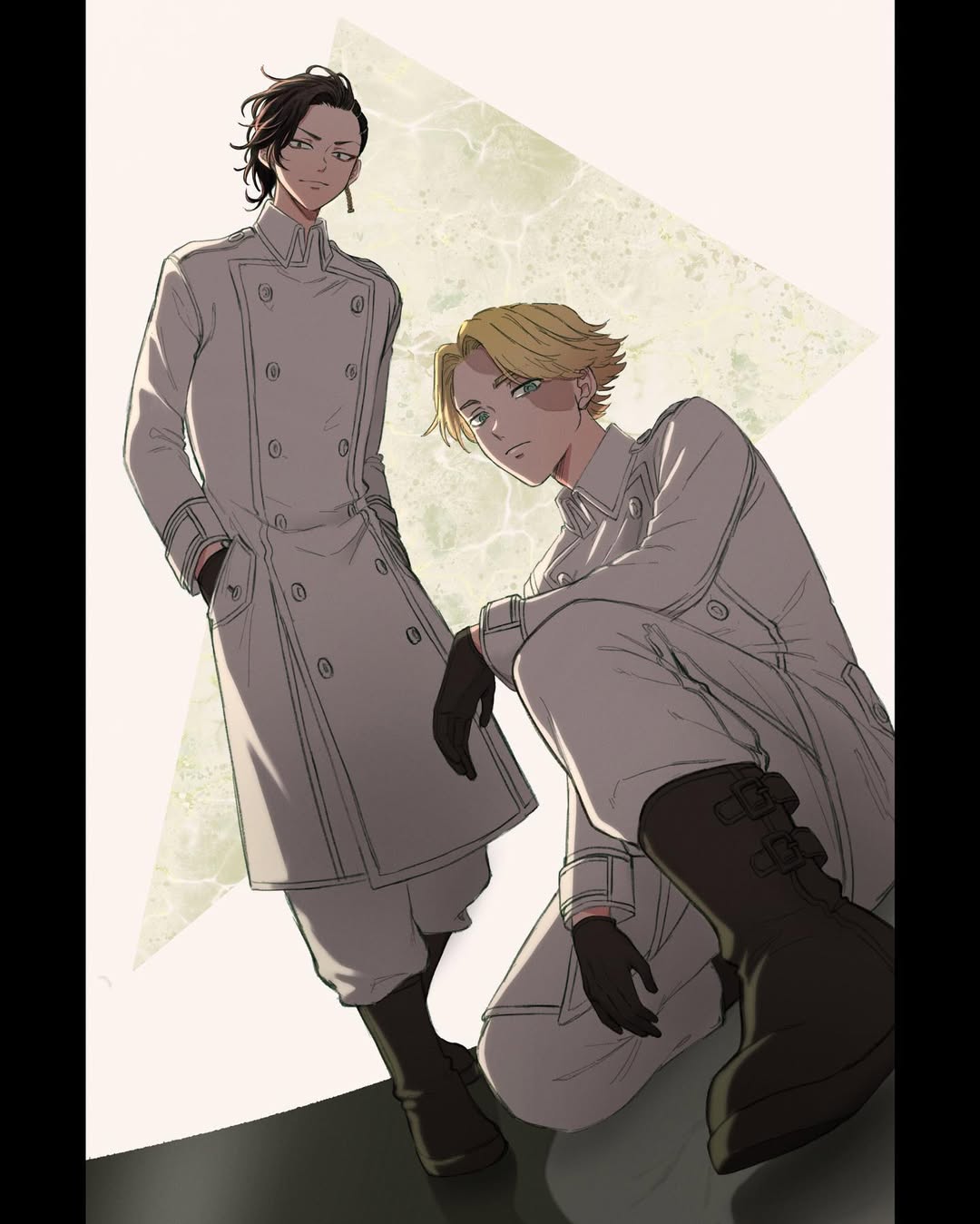 29o52413, 2boys, asymmetrical_hair, black_eyes, black_gloves, black_hair, blonde_hair, burn_scar