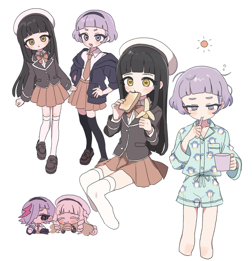 4girls, :d, :o, banana, black_hair, black_hairband, black_jacket, blunt_bangs