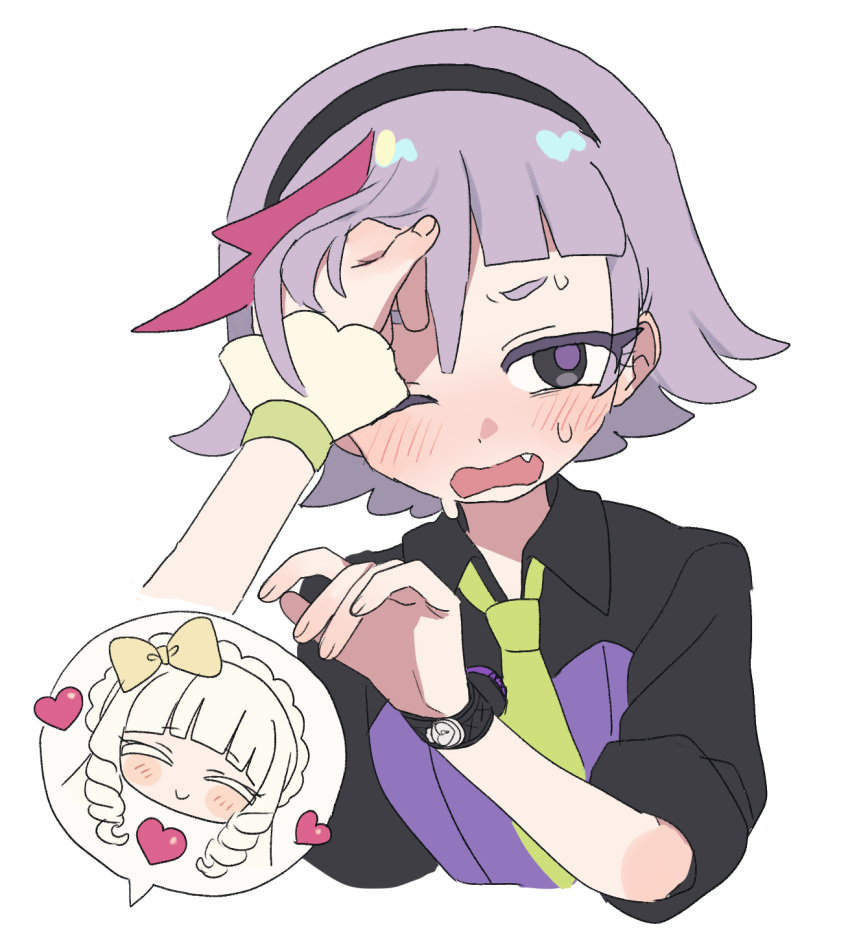 2girls, black_hairband, black_shirt, blonde_hair, blunt_bangs, blush, blush_stickers, chibi