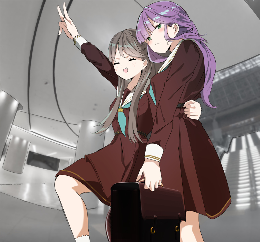 2girls, :d, absurdres, aqua_neckerchief, arm_around_another's_back, blush, briefcase, brown_dress