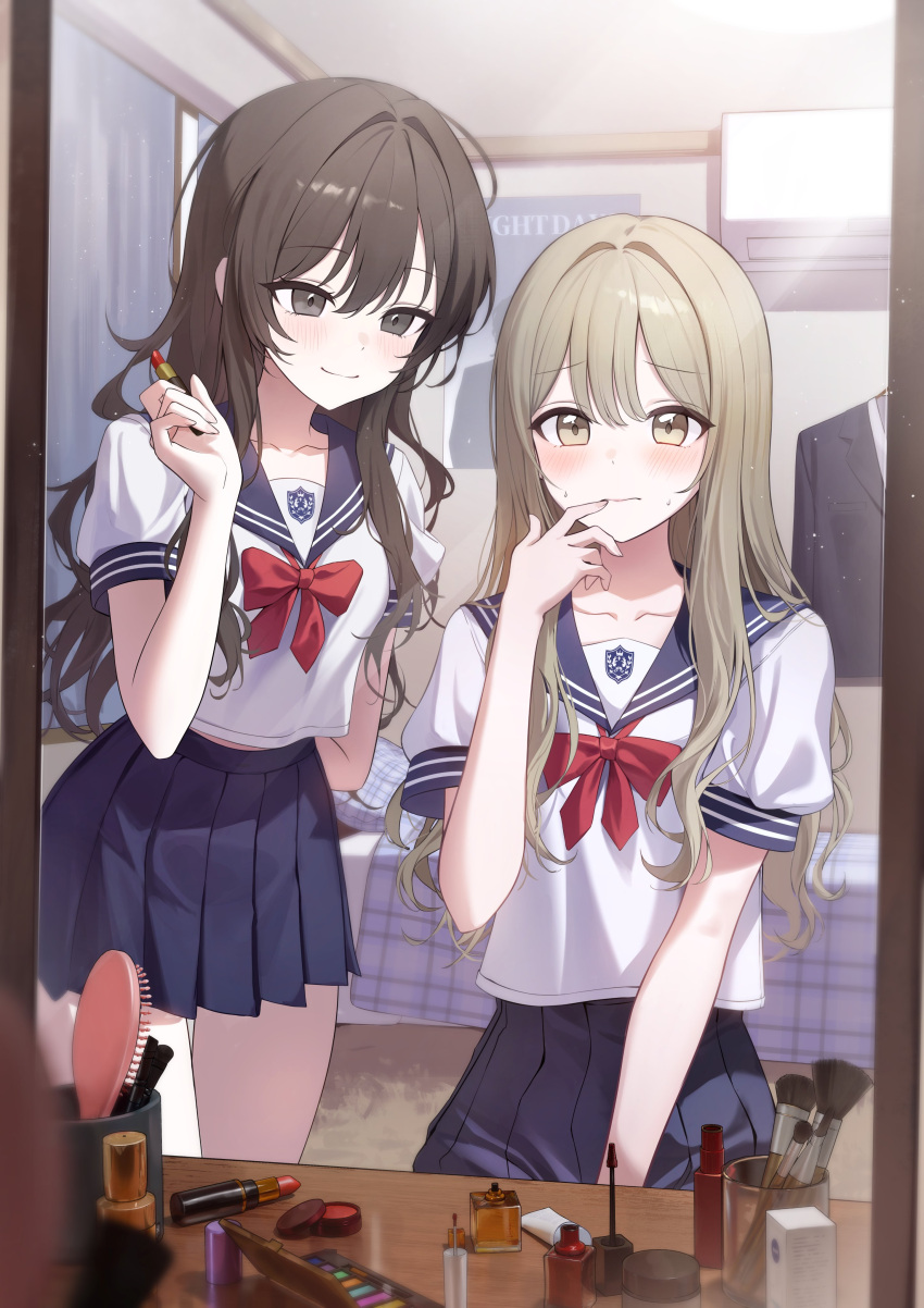 2girls, absurdres, arm_behind_back, black_eyes, black_hair, blonde_hair, blue_sailor_collar, blue_skirt