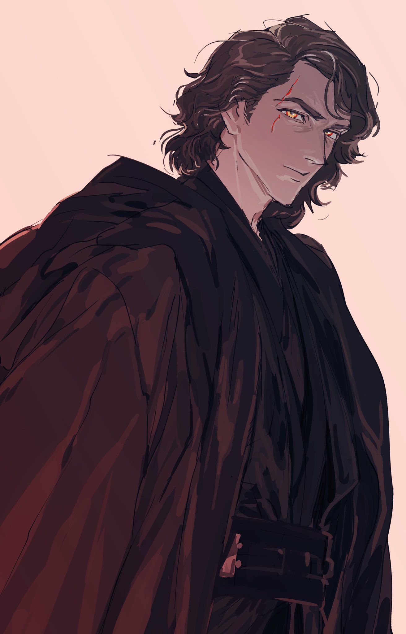1boy, anakin_skywalker, belt, black_cloak, blonde_hair, cloak, commentary, corruption