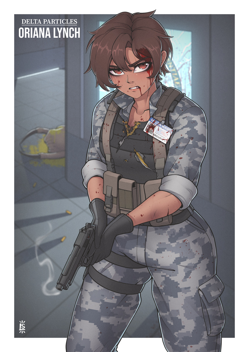 1girl, absurdres, armor, beretta_92, blood, blood_on_face, blue_pants, blue_shirt