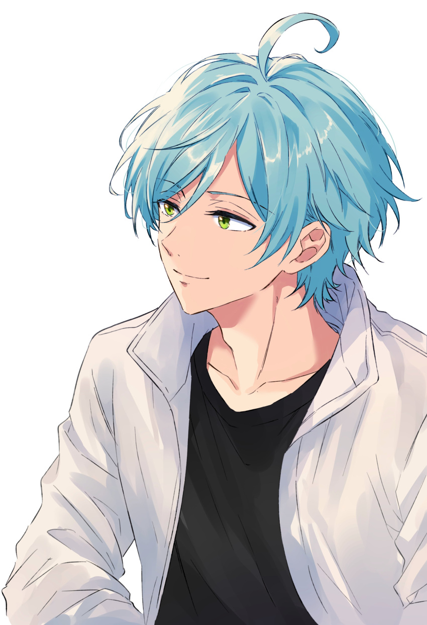 1boy, absurdres, ahoge, black_shirt, blue_hair, closed_mouth, commentary, ensemble_stars!