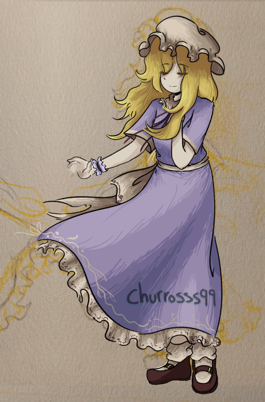 1girl, absurdres, artist_name, back_bow, blonde_hair, bow, churros99, closed_mouth, collared_dress, commentary, contrast_collar, dress, frilled_dress, frilled_shirt_collar, frilled_wrist_cuffs, frills, grey_background, half-closed_eyes, hand_on_own_chest, hat, highres, long_dress, long_hair, maribel_hearn, mob_cap, purple_dress, red_shoes, sash, shoes, short_sleeves, smile, socks, solo, standing, touhou, untranslatable_commentary, white_bow, white_hat, white_sash, white_socks, wrist_cuffs, yellow_eyes