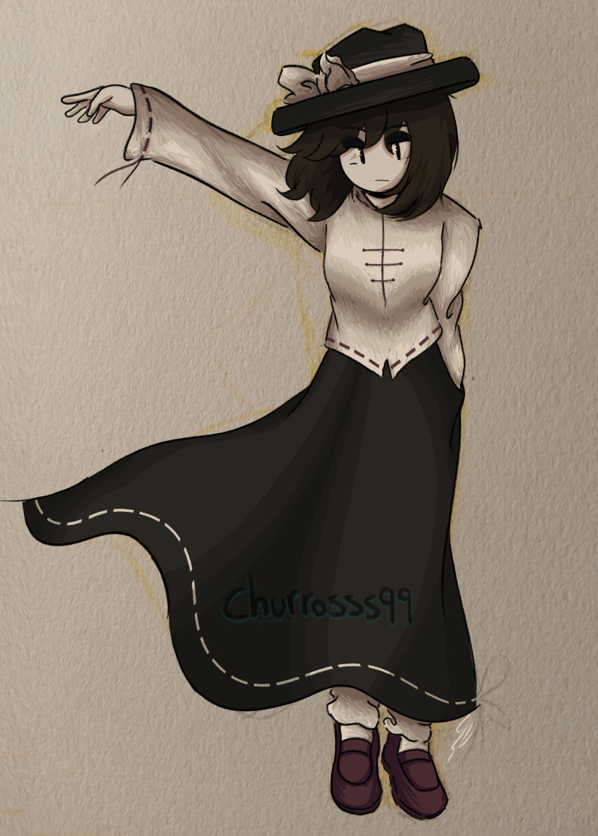 1girl, absurdres, artist_name, black_hat, black_skirt, bow, brown_hair, churros99
