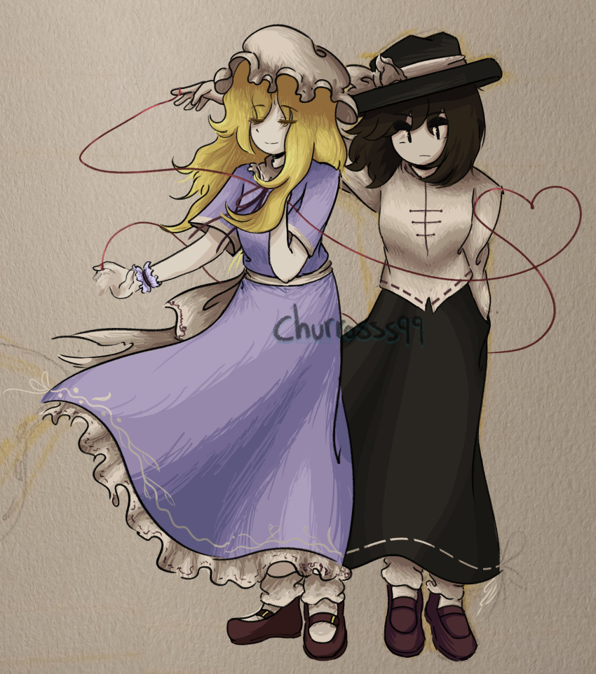 2girls, absurdres, artist_name, back_bow, black_hat, black_skirt, blonde_hair, bow