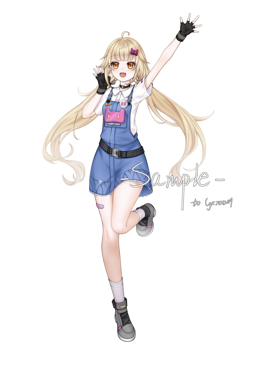 1girl, absurdres, ahoge, black_choker, black_gloves, blonde_hair, breasts, choker, commentary_request, fingerless_gloves, gloves, hair_ornament, hand_up, highres, long_hair, looking_at_viewer, low_twintails, open_mouth, orange_eyes, outdoors, shirli_(tower_of_fantasy), shirt, short_sleeves, simple_background, smile, solo, thighs, tower_of_fantasy, twintails, user_gmnx3447, very_long_hair, white_background, white_shirt, yellow_eyes