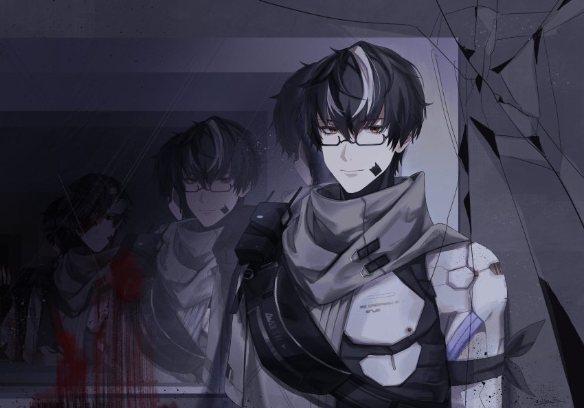 1boy, absurdres, bag, bandage_over_one_eye, black-framed_eyewear, black_hair, blood_on_mirror, broken_mirror
