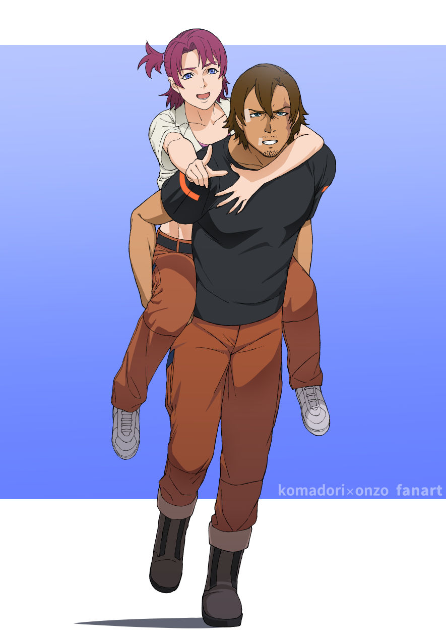 1boy, 1girl, artist_name, bandaid, bandaid_on_face, betchy_(gundam), blue_background, brown_hair