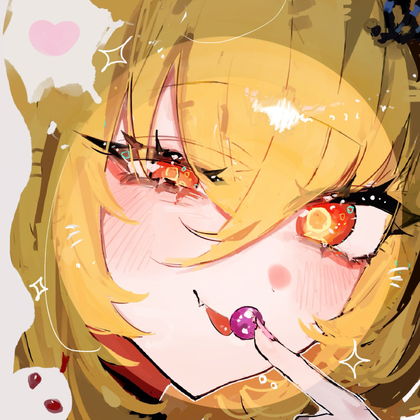 1girl, aegyo_sal, blonde_hair, blush, chalky_(zenless_zone_zero), cissia_(zenless_zone_zero), close-up, commentary, cutout_eyelashes, eyelashes, fang, fingernails, food, fruit, grapes, hair_between_eyes, hair_ornament, hairclip, half-closed_eye, heart, highres, long_hair, looking_at_viewer, pink_nails, pof_h0, portrait, red_eyes, snake, tongue, tongue_out, uneven_eyes, untranslatable_commentary, white_snake, zenless_zone_zero
