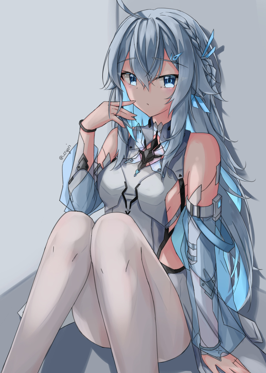 1girl, absurdres, ahoge, bare_shoulders, blue_eyes, blue_hair, braid, breasts