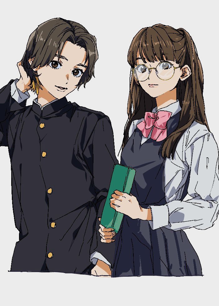 1boy, 1girl, black_dress, black_jacket, book, bow, bowtie, brown_eyes