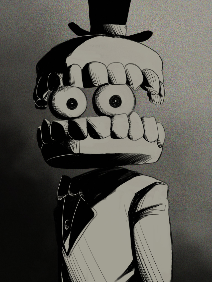 1boy, bow, bowtie, caine_(the_amazing_digital_circus), commentary, english_commentary, eyeball, greyscale, hat, hatching_(texture), highres, linear_hatching, looking_at_viewer, male_focus, monochrome, nico_(boomstick_0), suit, teeth, the_amazing_digital_circus, top_hat, wide-eyed