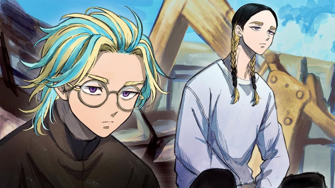 29o52413, 2boys, aqua_hair, black_hair, blonde_hair, braid, brothers, dark-skinned_male