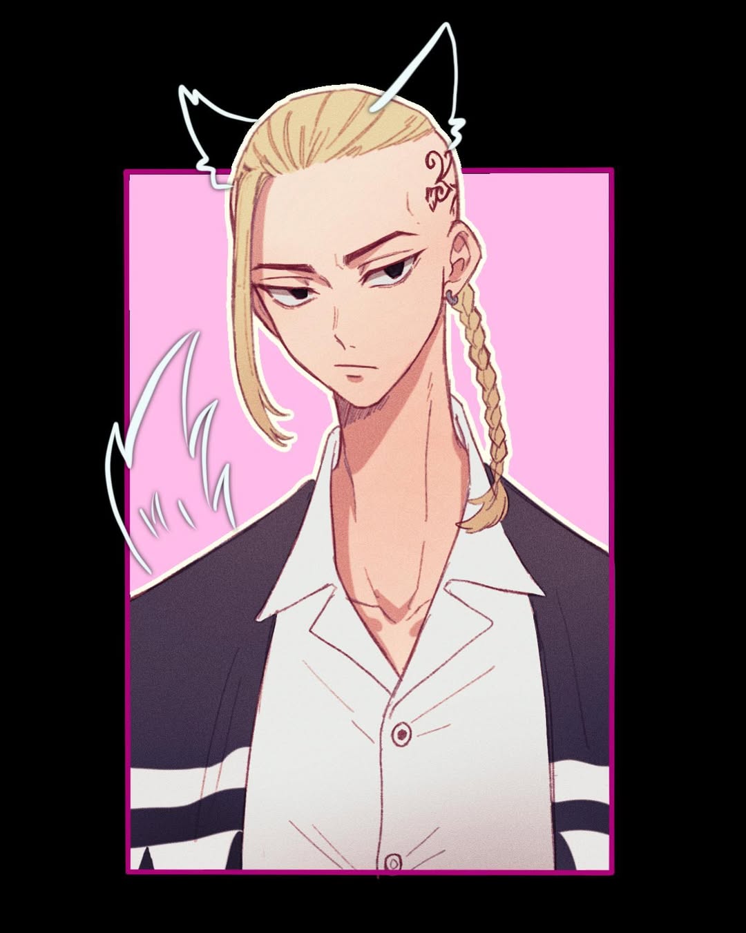 1boy, 29o52413, animal_ears, black_eyes, blonde_hair, braid, braided_ponytail, collared_shirt