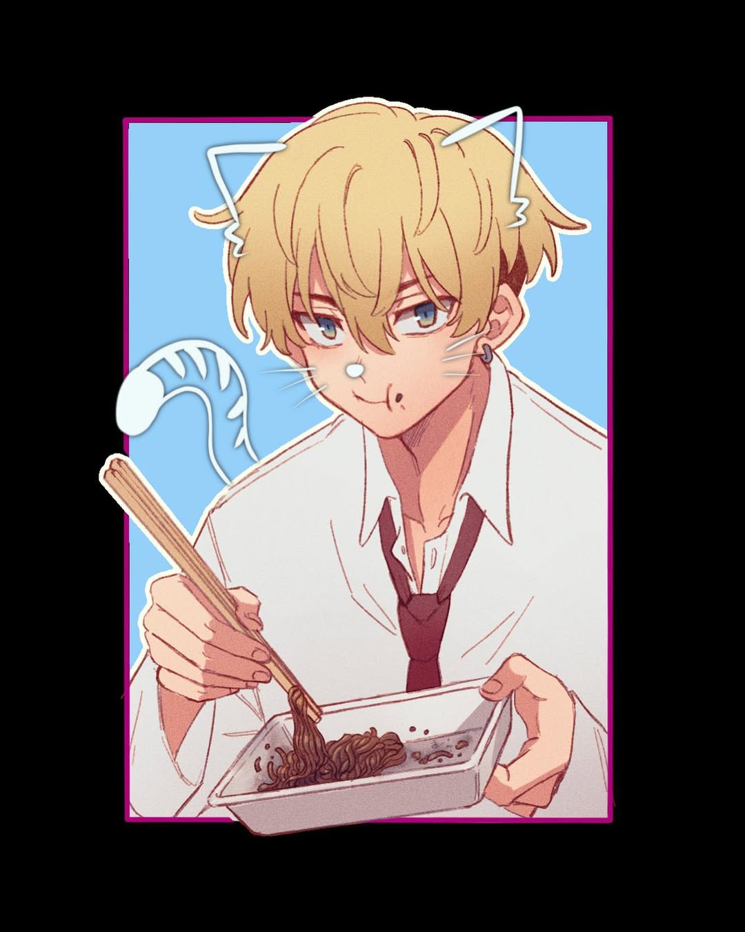 1boy, 29o52413, animal_ears, blonde_hair, cat_boy, cat_ears, cat_tail, chopsticks