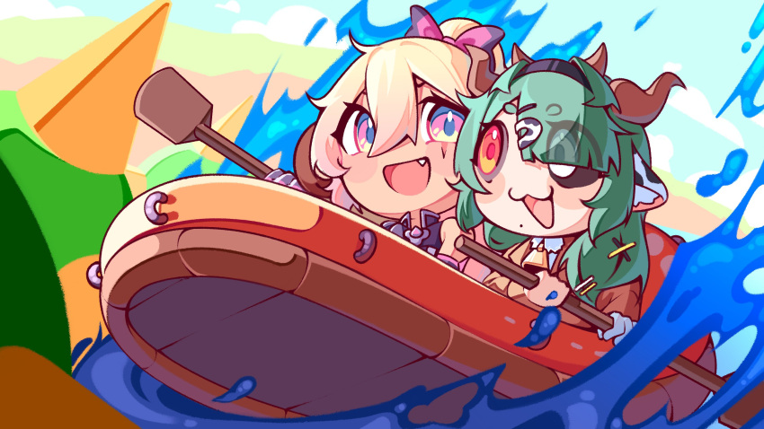 2girls, animal_ears, bell, black_sclera, blonde_hair, boat, brown_coat, chibi