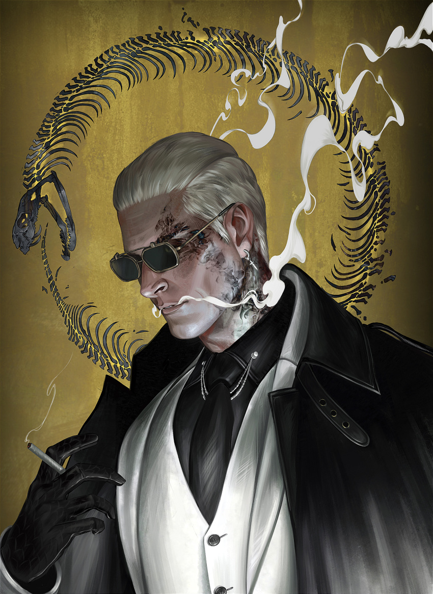 1boy, absurdres, black_gloves, black_jacket, black_necktie, black_shirt, cigarette, collared_shirt