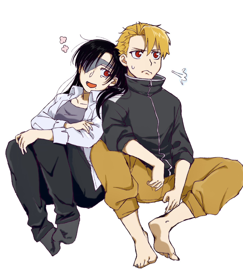 1boy, 1girl, asa_(yomi_no_tsugai), asebi_0421, black_camisole, black_hair, black_jacket, black_pants