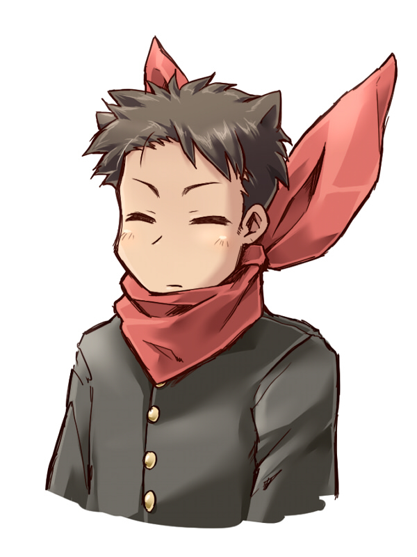 animal_ears, brown_hair, cat_ears, closed_eyes, columns_ke, company_connection, eyes_closed, gakuran, kemonomimi_mode, kyoto_animation, lucky_star, male, nichijou, personification, sakamoto_(nichijou), scarf, school_uniform, seiyuu_connection, shiraishi_minoru, shiraishi_minoru_(seiyuu), solo