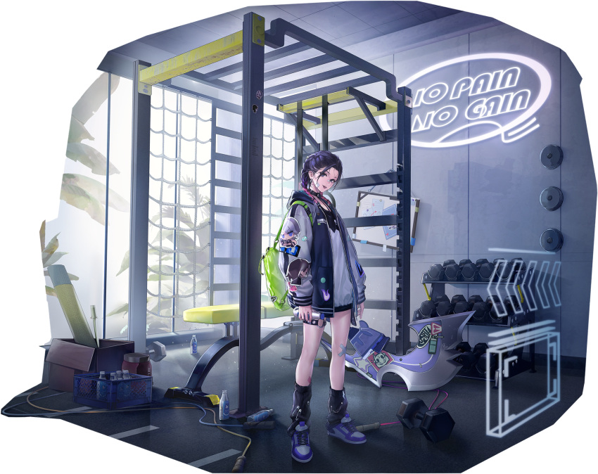 1girl, artist_request, backpack, bag, bandaid, bandaid_on_cheek, bandaid_on_face, bandaid_on_nose, black_collar, black_leg_warmers, bottle, braid, buckle, character_sticker, climbing_rope, collar, crossed_bandaids, dumbbell, earl_(path_to_nowhere), fitness_gym, green_bag, highres, holding, holding_bottle, horo_(path_to_nowhere), jump_rope, leg_warmers, milk_bottle, multicolored_hair, o-ring, o-ring_thigh_strap, official_art, path_to_nowhere, pink_streaks, purple_hair, safety_pin, shirt, short_hair, snap-fit_buckle, sticker, streaked_hair, thigh_strap, twin_braids, weights, white_shirt, zoya_(path_to_nowhere)