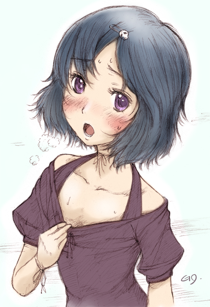 bare_shoulders, black_hair, blush, breath, get9, hair_ornament, hairclip, hot, male, open_mouth, purple_eyes, shirt_tug, short_hair, sketch, skull, skull_hair_ornament, solo, steins;gate, sweat, trap, urushibara_luka, urushibara_ruka, violet_eyes