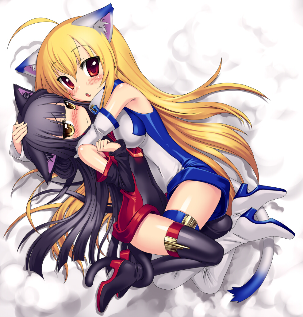 ahoge, animal_ears, bare_shoulders, black_hair, blonde_hair, boots, cat_ears, cat_tail, detached_sleeves, fang, hug, long_hair, multiple_girls, open_mouth, original, red_eyes, soraneko, soraneko+, tail, thigh-highs, thigh_boots, thighhighs, wavy_mouth, yellow_eyes, zipper