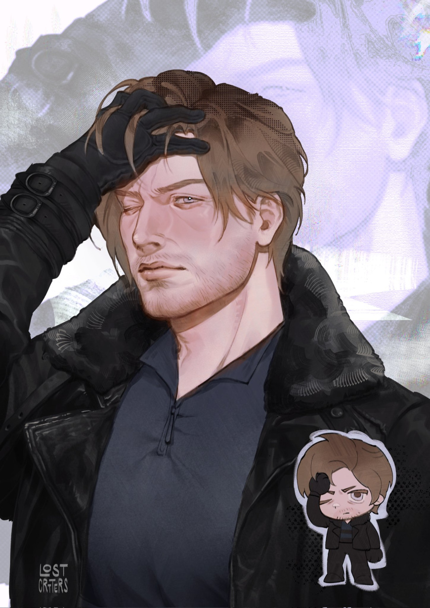 1boy, aegyo_sal, beard_stubble, ben-day_dots, black_gloves, black_jacket, blue_eyes, blue_shirt