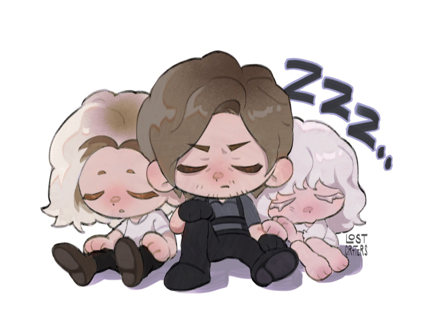 1boy, 2girls, barefoot, beard_stubble, blonde_hair, bob_cut, brown_hair, chibi