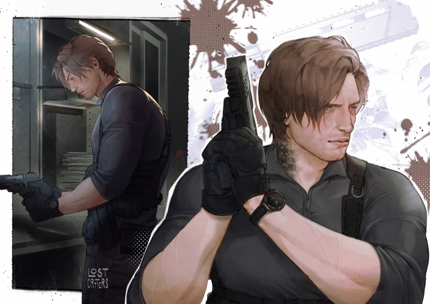 1boy, aegyo_sal, beard_stubble, black_gloves, black_shirt, blood, blood_splatter, blue_eyes, brown_hair, chest_holster, collared_shirt, commentary, corruption, english_commentary, facial_hair, gloves, gun, handgun, highres, holding, holding_gun, holding_weapon, leon_s._kennedy, lostcrtters, male_focus, multiple_views, resident_evil, resident_evil_requiem, revolver, rsh-12, shirt, short_hair, sig_sauer, sig_sauer_p320, sleeves_rolled_up, stubble, toned, toned_male, weapon