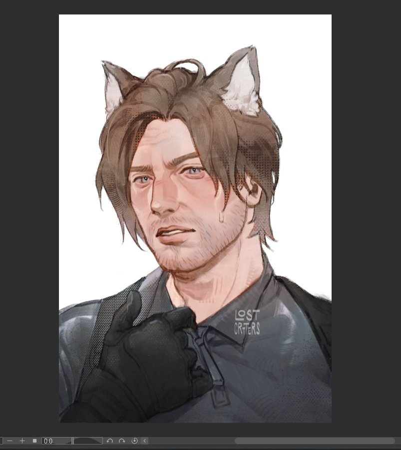 1boy, aegyo_sal, animal_ears, art_program_in_frame, beard_stubble, black_gloves, blue_eyes, blue_shirt