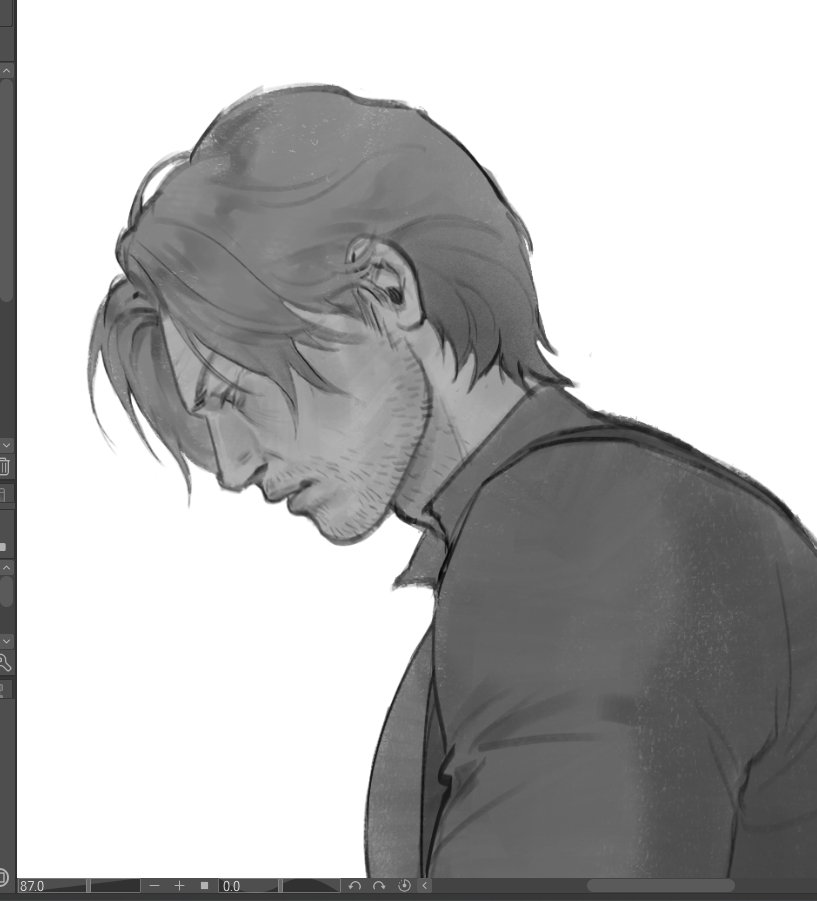 1boy, art_program_in_frame, beard_stubble, chest_holster, collared_shirt, curtained_hair, exhausted, facial_hair