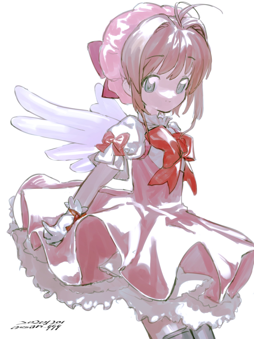1girl, antenna_hair, bow, brown_hair, cardcaptor_sakura, closed_mouth, commentary_request, dated