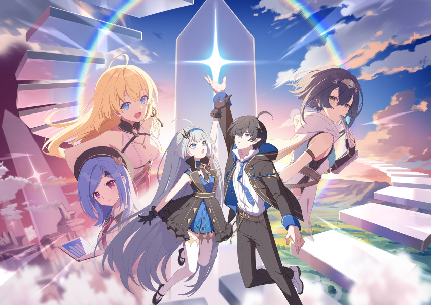 1boy, ahoge, amber_(stella_sora), bare_shoulders, black_hair, blonde_hair, blue_eyes, dress